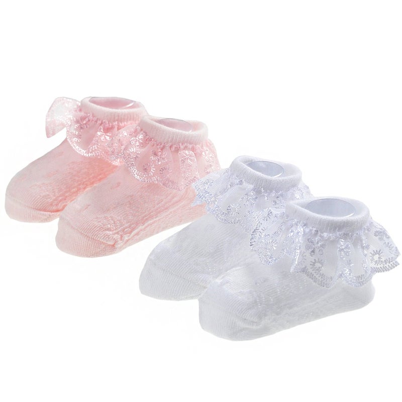 EPEIUS Baby-Girls Eyelet Frilly Lace Socks Infant Girl Princess Ankle Socks White Pink (Pack of 2) 6-12 Months - Image 1